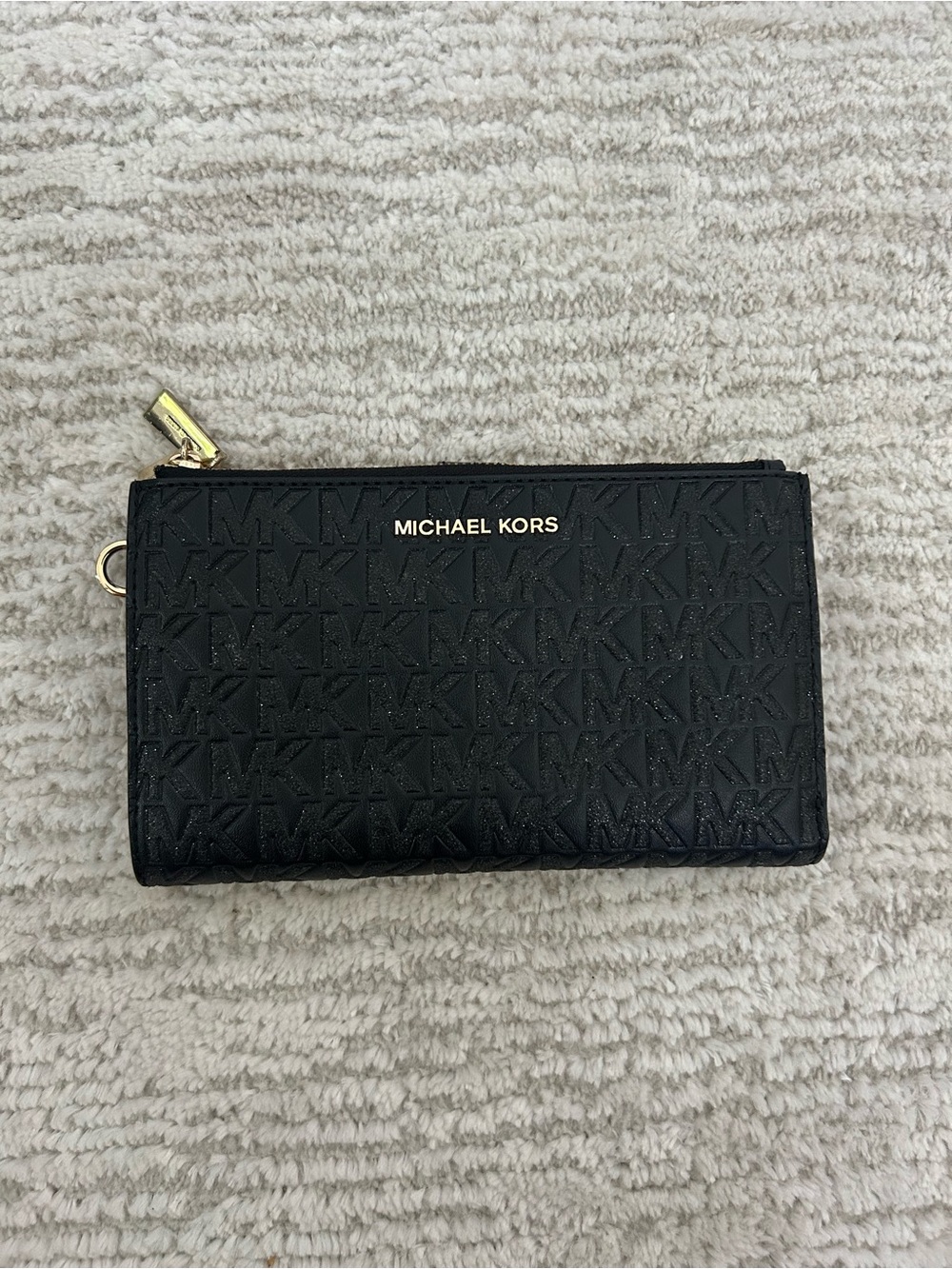 Michael Kors Black Sparkled Embossed MK Zip Wallet with Gold Hardware